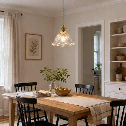 RoyaleGlow Green Ribbed Glass Pendant Light Vintage Brass Hanging Lamp For Kitchen Island - Royale Basic