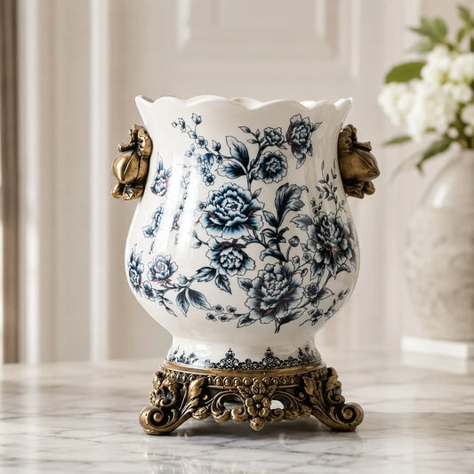 RoyaleGlow Large Ceramic Floral Vase With Scalloped Rim And Vintage Handles - Royale Basic