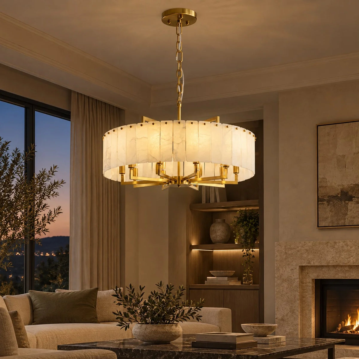 RoyaleGlow Modern Alabaster And Brass LED Hanging Chandelier Light Fixture - Royale Basic