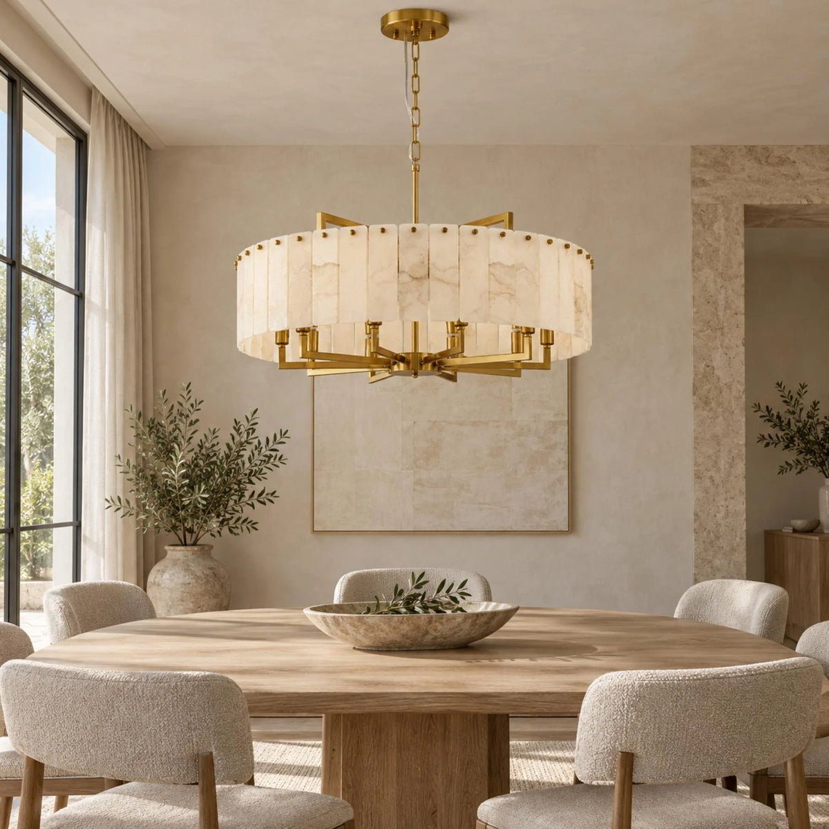 RoyaleGlow Modern Alabaster And Brass LED Hanging Chandelier Light Fixture - Royale Basic