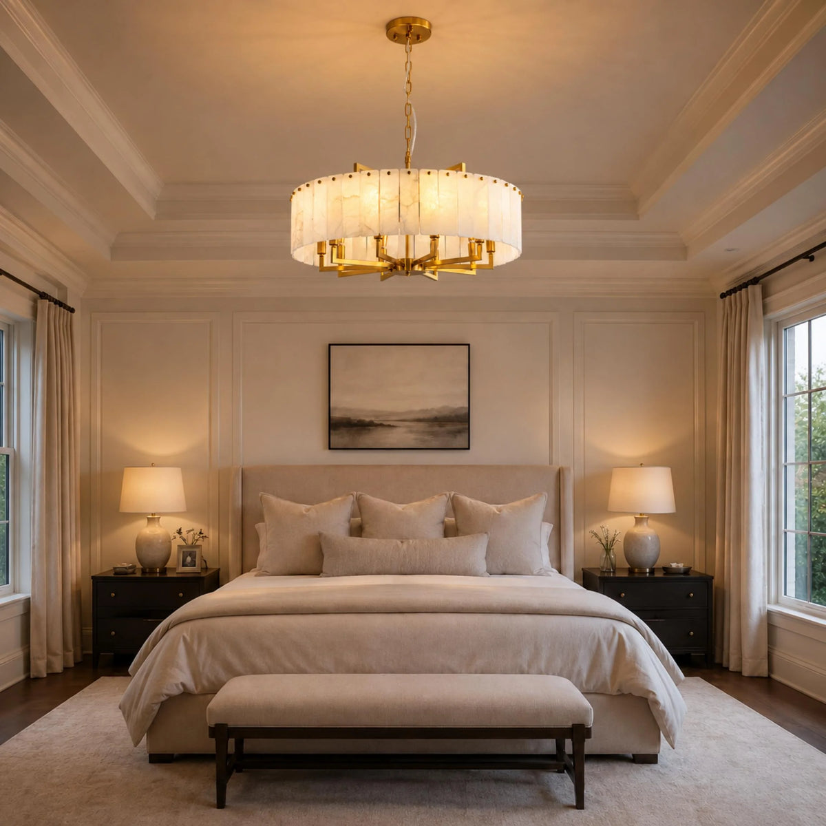 RoyaleGlow Modern Alabaster And Brass LED Hanging Chandelier Light Fixture - Royale Basic