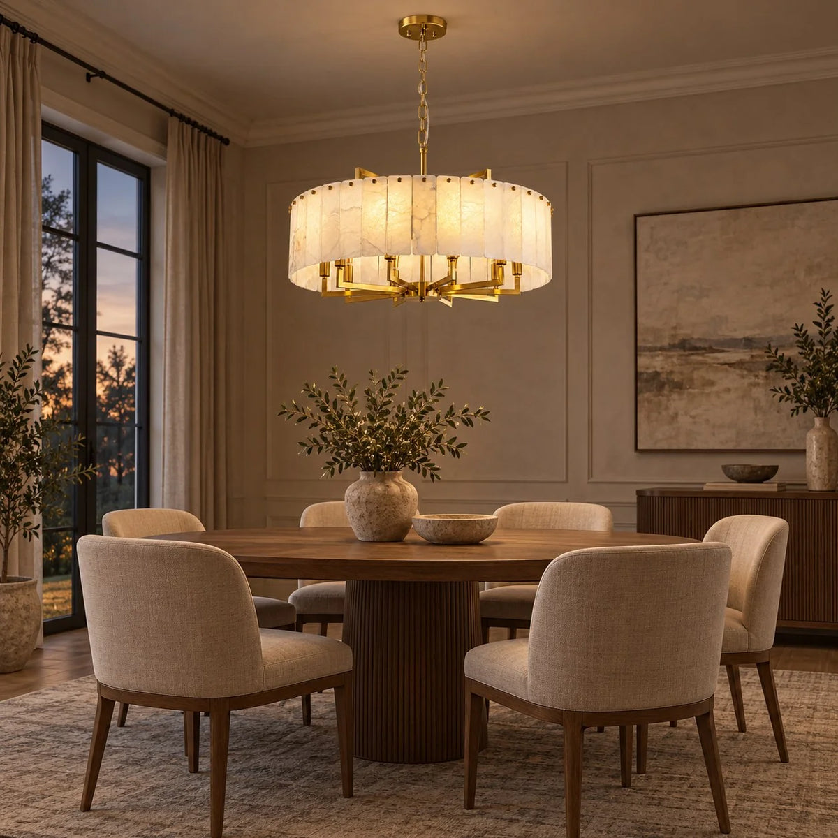 RoyaleGlow Modern Alabaster And Brass LED Hanging Chandelier Light Fixture - Royale Basic