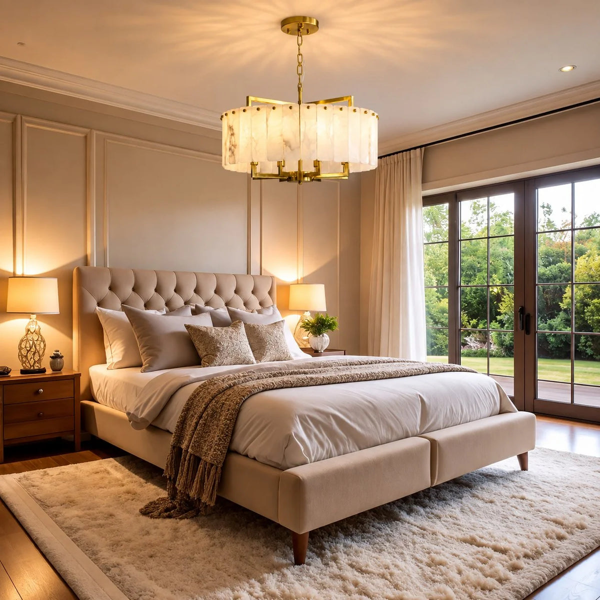 RoyaleGlow Modern Alabaster And Brass LED Hanging Chandelier Light Fixture - Royale Basic