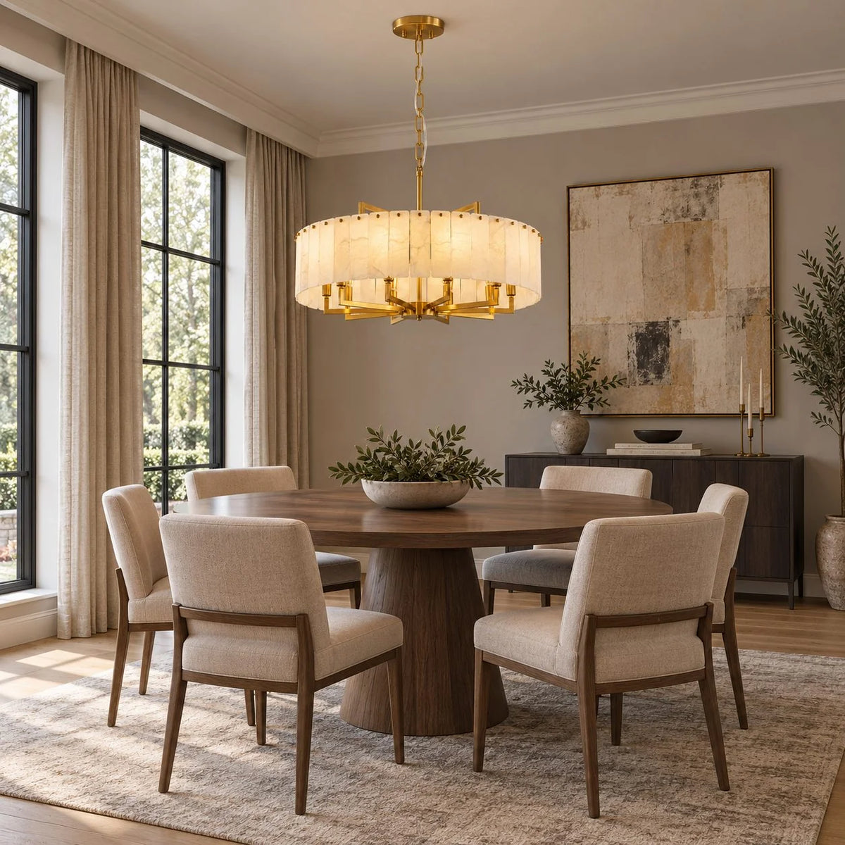 RoyaleGlow Modern Alabaster And Brass LED Hanging Chandelier Light Fixture - Royale Basic