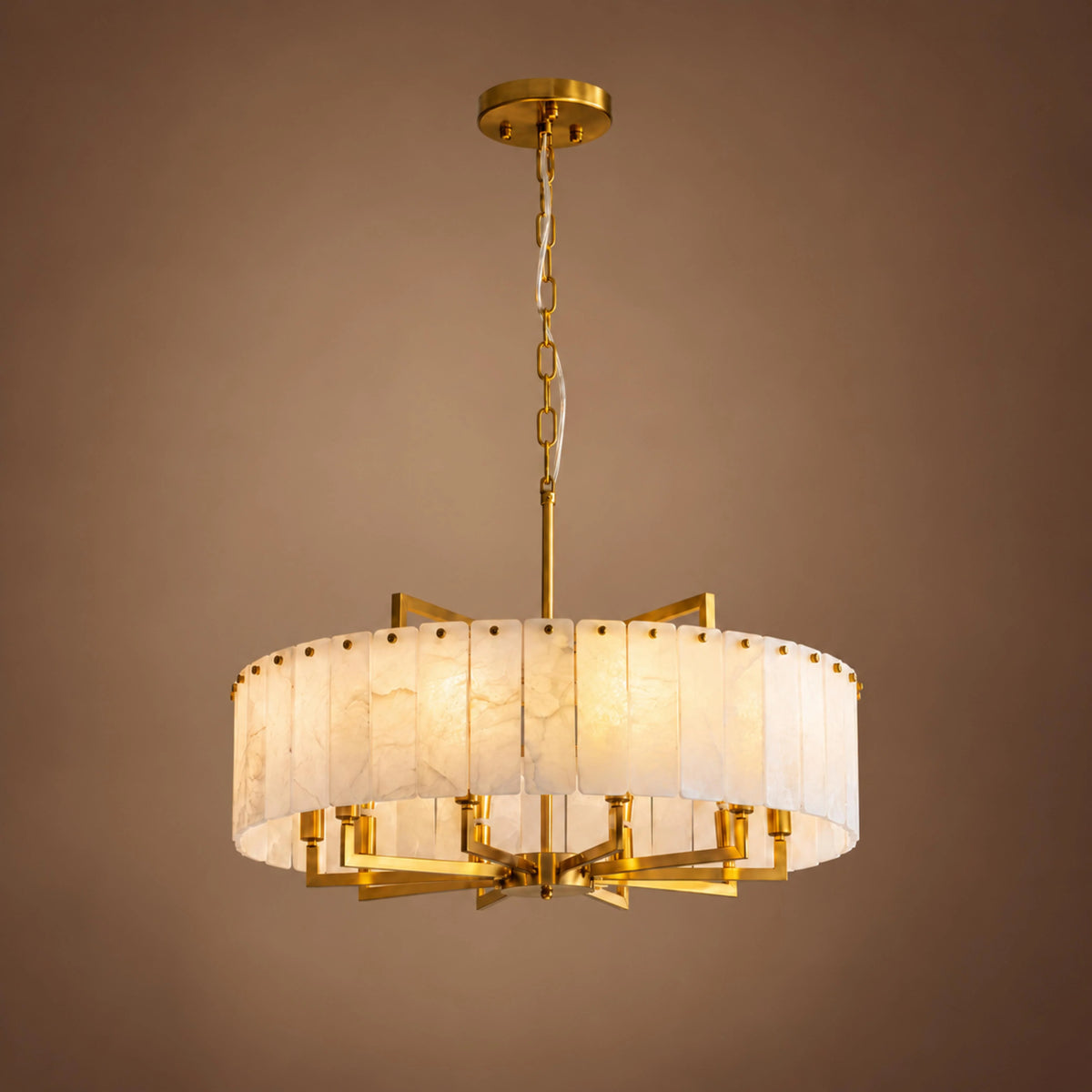 RoyaleGlow Modern Alabaster And Brass LED Hanging Chandelier Light Fixture - Royale Basic