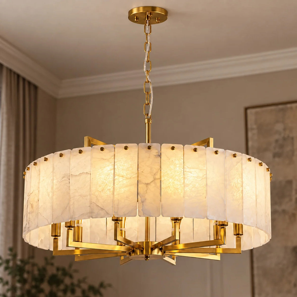 RoyaleGlow Modern Alabaster And Brass LED Hanging Chandelier Light Fixture - Royale Basic
