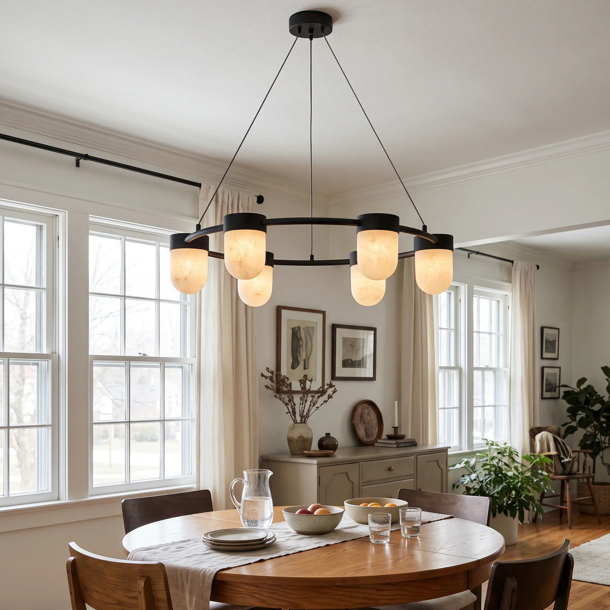 RoyaleGlow Modern Alabaster Chandelier Capsule Ring Pendant Light Brass - Royale Basic