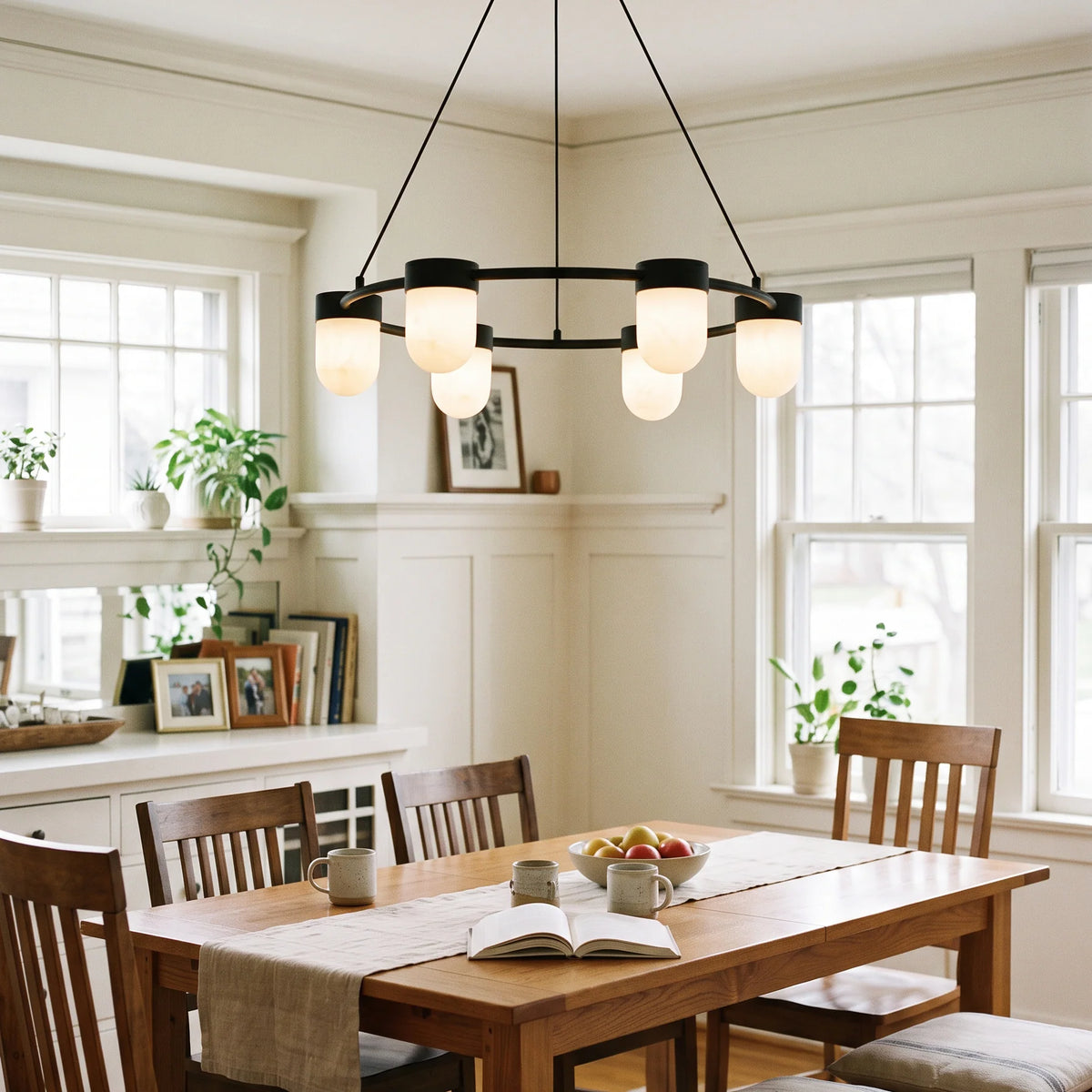 RoyaleGlow Modern Alabaster Chandelier Capsule Ring Pendant Light Brass - Royale Basic