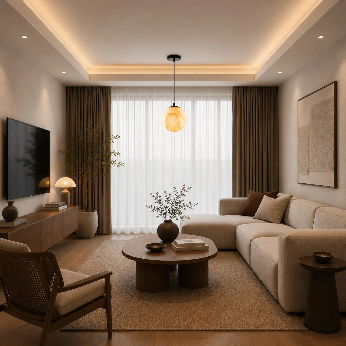 RoyaleGlow Modern Alabaster Globe Pendant Light Adjustable LED Ceiling Lamp - Royale Basic