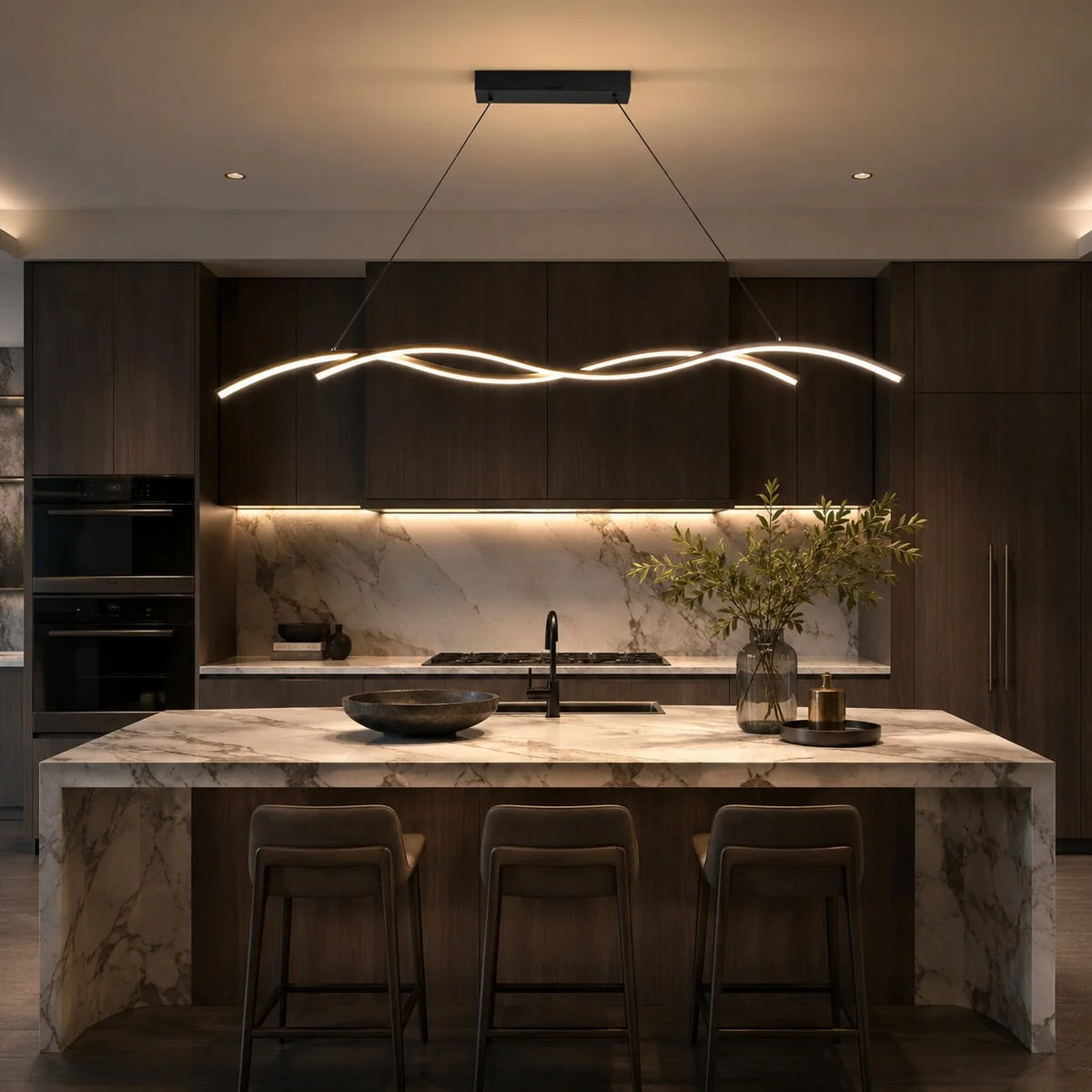 RoyaleGlow Modern Black Linear LED Pendant Light Dimmable Kitchen Island Hanging Fixture - Royale Basic