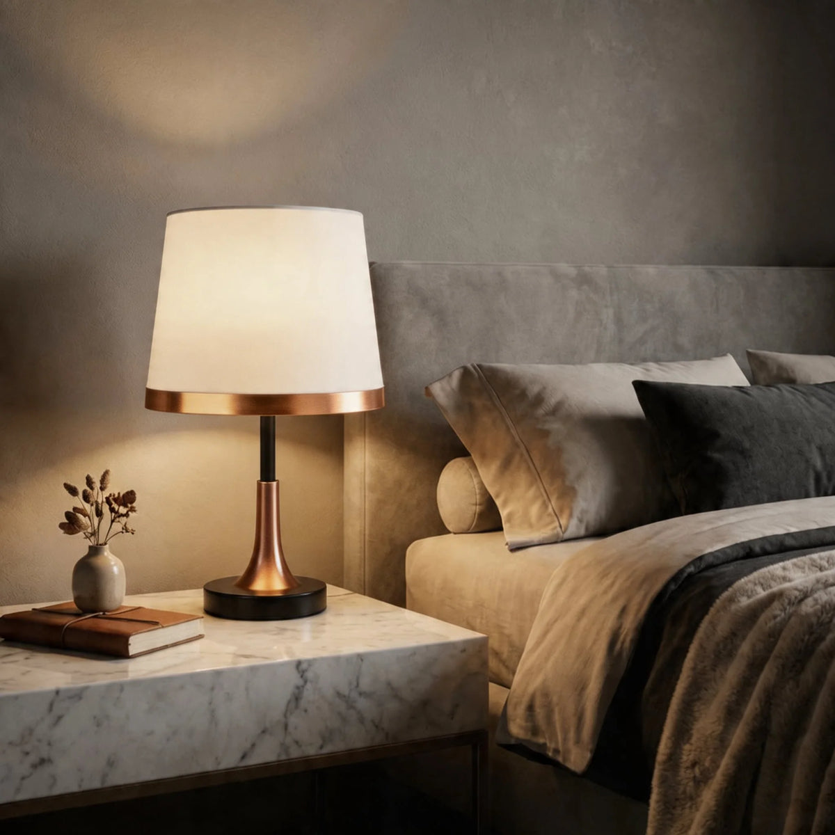 RoyaleGlow Modern Brass Bedside Table Lamp Touch Control LED Light - Royale Basic