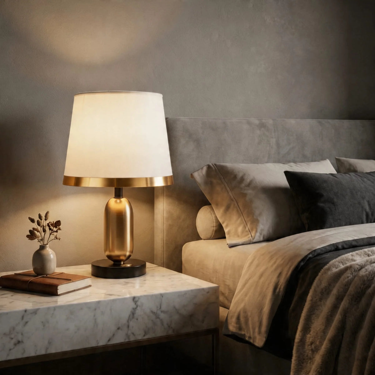 RoyaleGlow Modern Brass Bedside Table Lamp Touch Control LED Light - Royale Basic