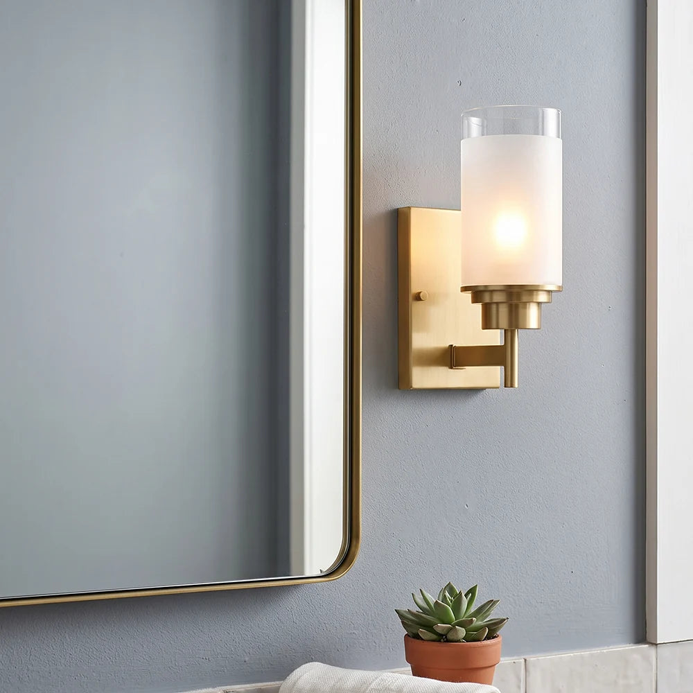 RoyaleGlow Modern Brass Glass Wall Sconce Frosted Cylinder Light Fixture - Royale Basic