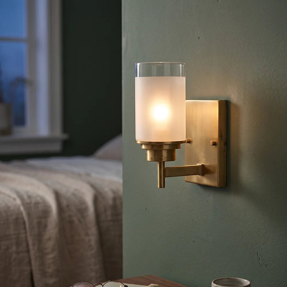 RoyaleGlow Modern Brass Glass Wall Sconce Frosted Cylinder Light Fixture - Royale Basic