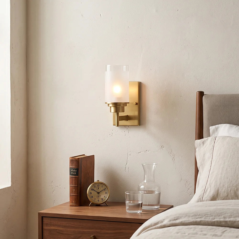 RoyaleGlow Modern Brass Glass Wall Sconce Frosted Cylinder Light Fixture - Royale Basic