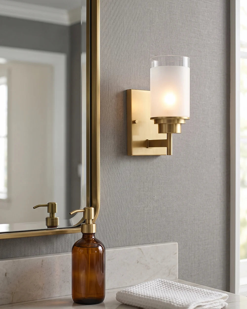 RoyaleGlow Modern Brass Glass Wall Sconce Frosted Cylinder Light Fixture - Royale Basic