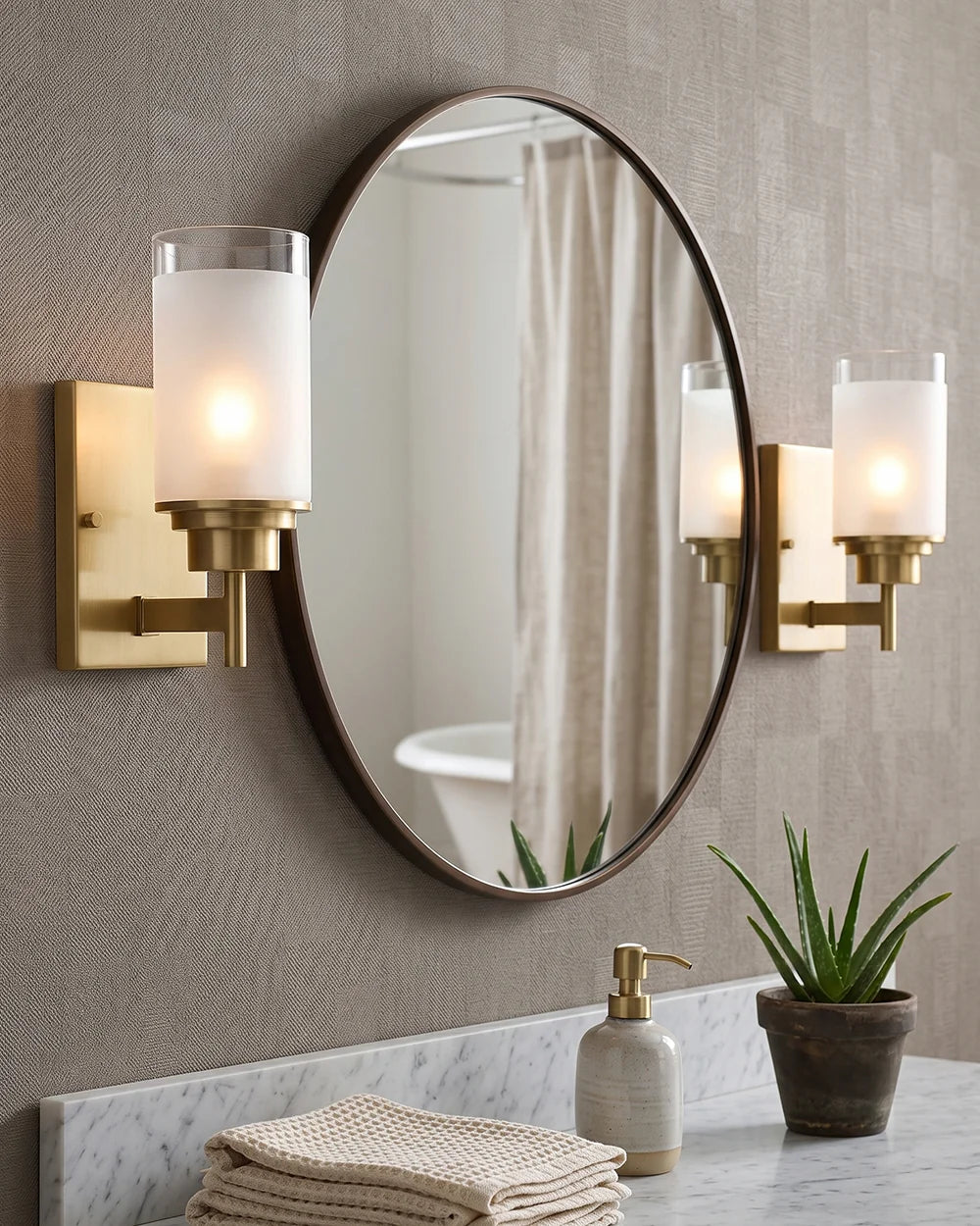 RoyaleGlow Modern Brass Glass Wall Sconce Frosted Cylinder Light Fixture - Royale Basic