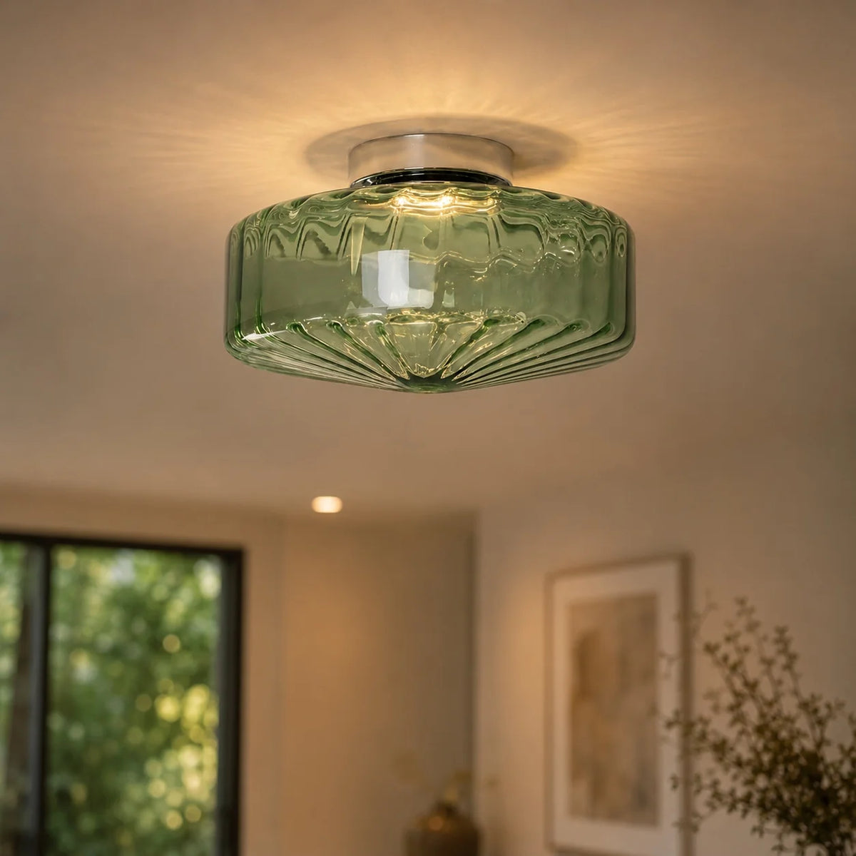 RoyaleGlow Modern Flush Mount Ceiling Light Chrome Corrugated Glass LED Fixture - Royale Basic