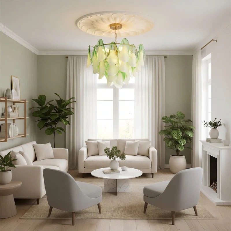 RoyaleGlow Modern Glass Floral Chandelier Brass Hanging Light - Royale Basic