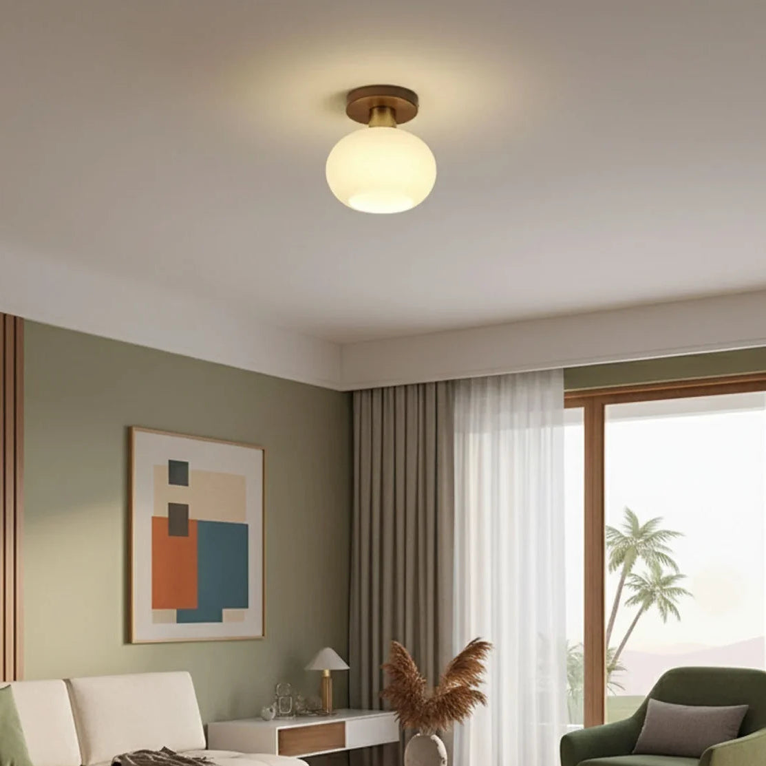 RoyaleGlow Modern Glass Globe Ceiling Light Flush Mount Wood Base - Royale Basic