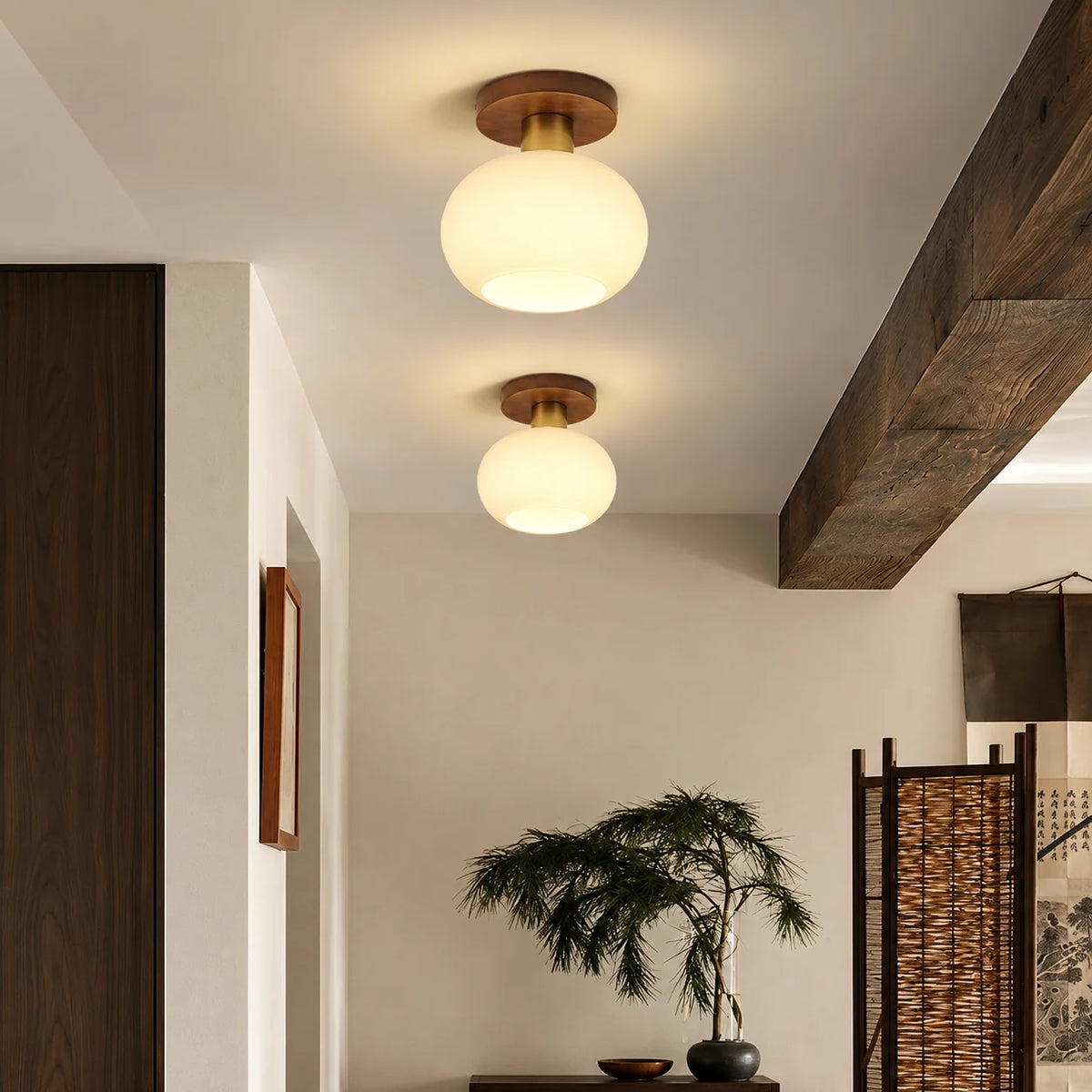 RoyaleGlow Modern Glass Globe Ceiling Light Flush Mount Wood Base - Royale Basic