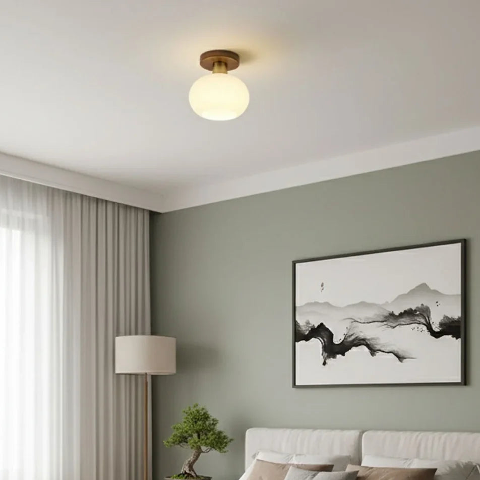 RoyaleGlow Modern Glass Globe Ceiling Light Flush Mount Wood Base - Royale Basic