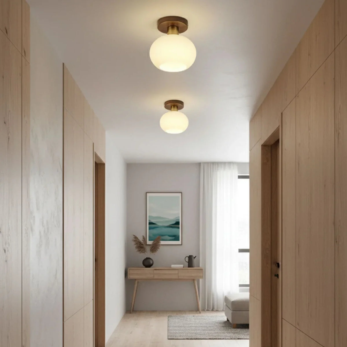 RoyaleGlow Modern Glass Globe Ceiling Light Flush Mount Wood Base - Royale Basic