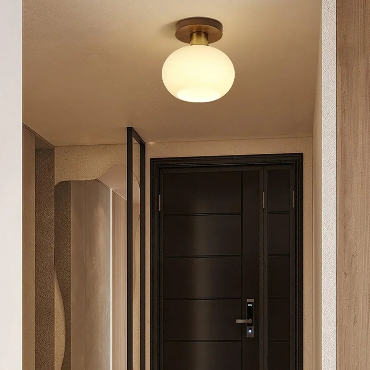 RoyaleGlow Modern Glass Globe Ceiling Light Flush Mount Wood Base - Royale Basic