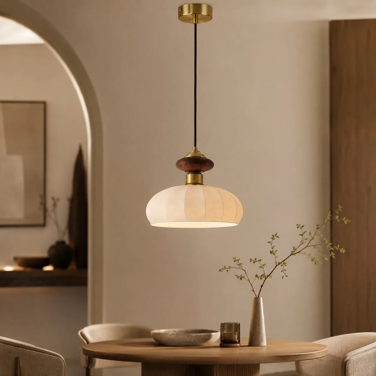 RoyaleGlow Modern Glass Pendant Light Brass And Walnut Kitchen Island Hanging Lamp - Royale Basic