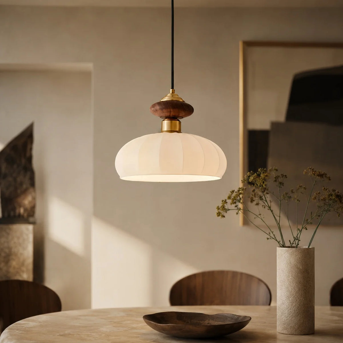RoyaleGlow Modern Glass Pendant Light Brass And Walnut Kitchen Island Hanging Lamp - Royale Basic