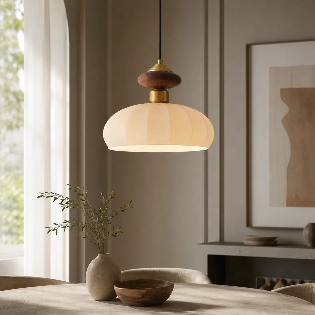RoyaleGlow Modern Glass Pendant Light Brass And Walnut Kitchen Island Hanging Lamp - Royale Basic