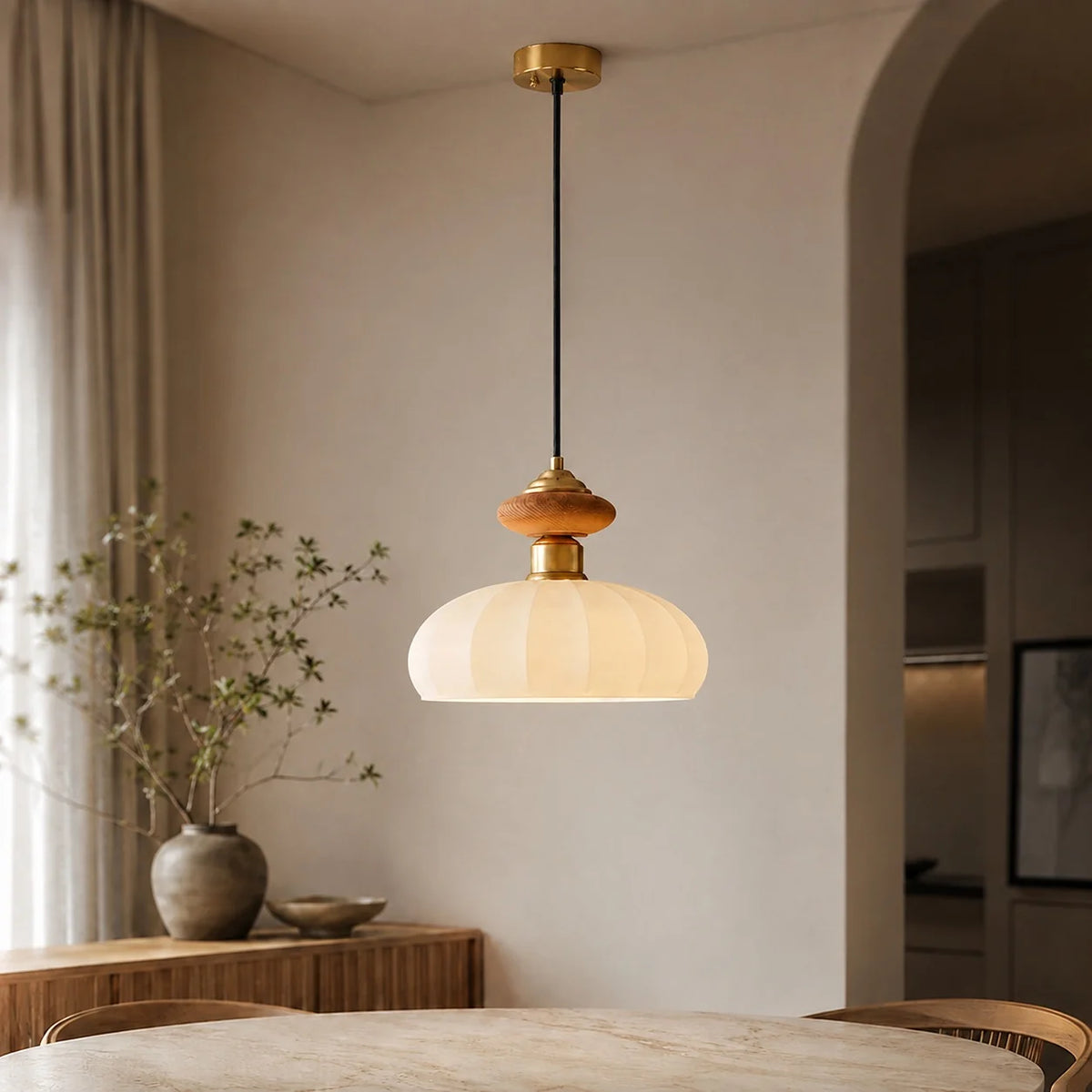 RoyaleGlow Modern Glass Pendant Light Brass And Walnut Kitchen Island Hanging Lamp - Royale Basic