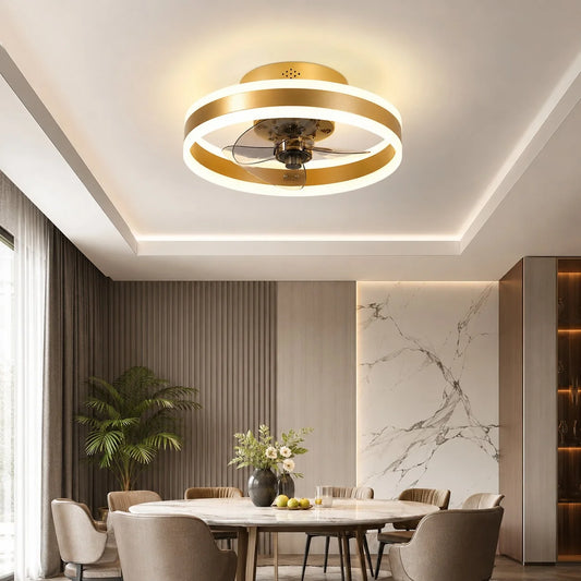 RoyaleGlow Modern Gold Flush Mount Ceiling Fan With Dimmable LED Light - Royale Basic