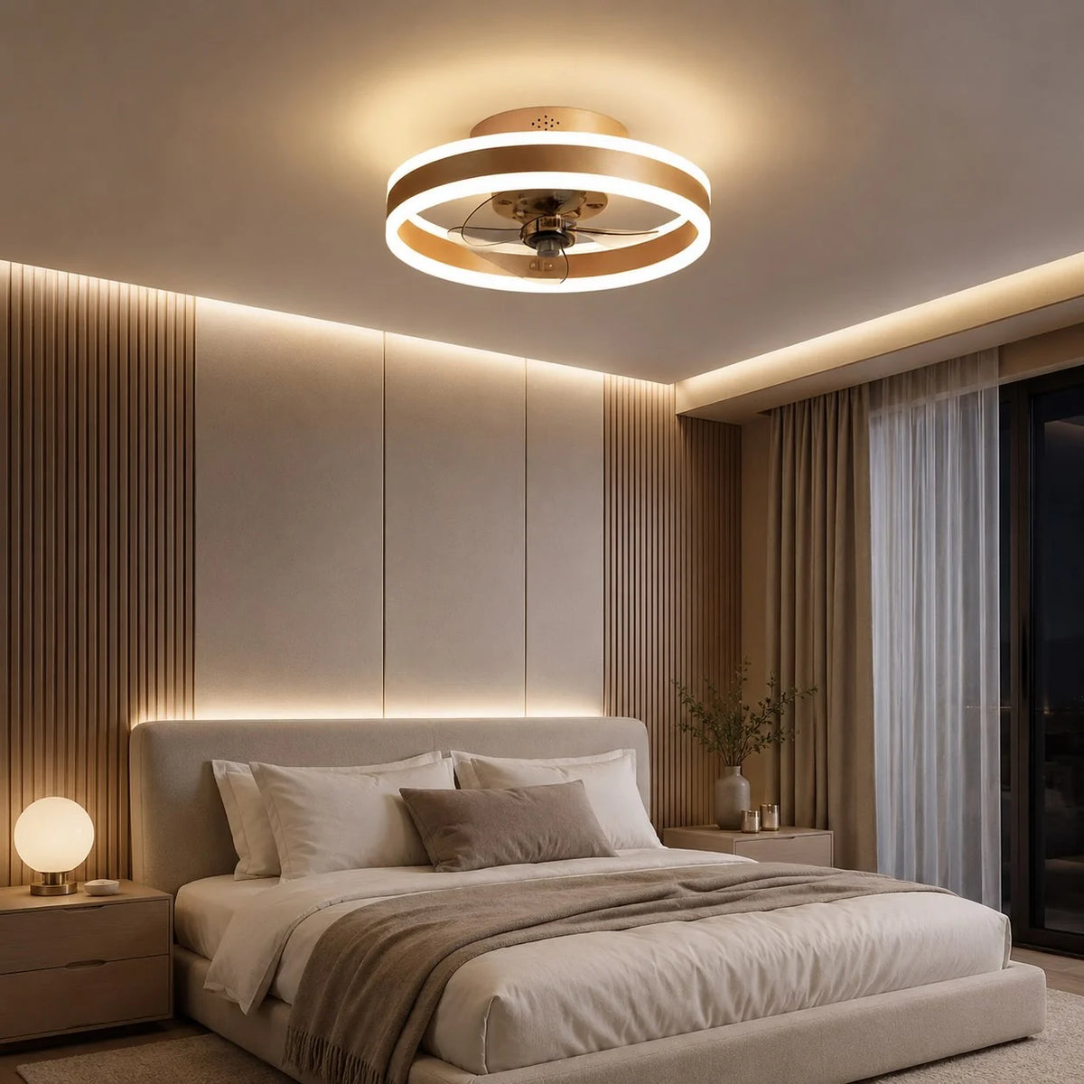 RoyaleGlow Modern Gold Flush Mount Ceiling Fan With Dimmable LED Light - Royale Basic