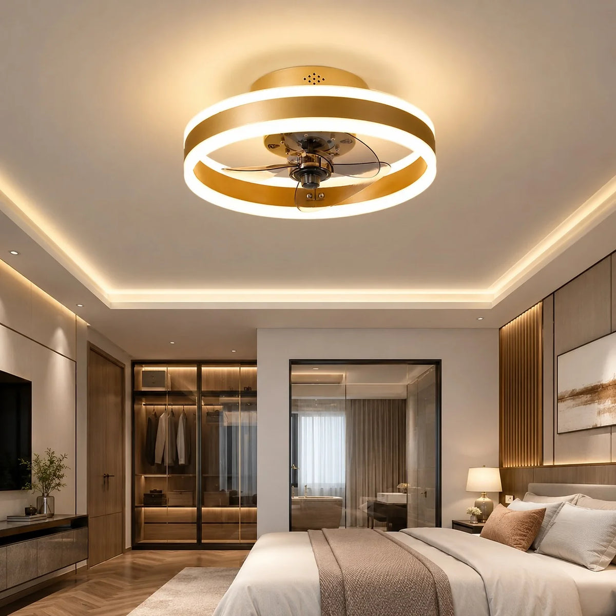 RoyaleGlow Modern Gold Flush Mount Ceiling Fan With Dimmable LED Light - Royale Basic