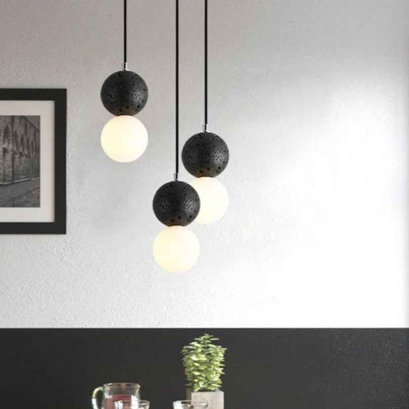 RoyaleGlow Modern Lava Stone & Glass Pendant Light - Black & White Globe Ceiling Lamp-Royale Basic