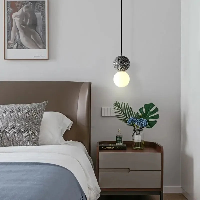 RoyaleGlow Modern Lava Stone & Glass Pendant Light - Black & White Globe Ceiling Lamp-Royale Basic
