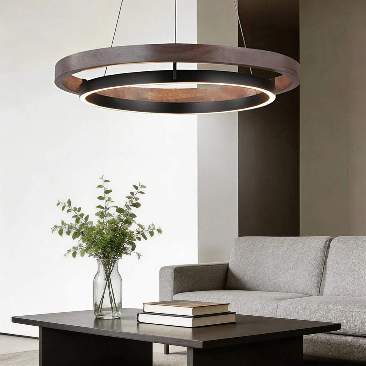 RoyaleGlow Modern LED Ring Pendant Light Black and Wood Hanging Lamp - Royale Basic