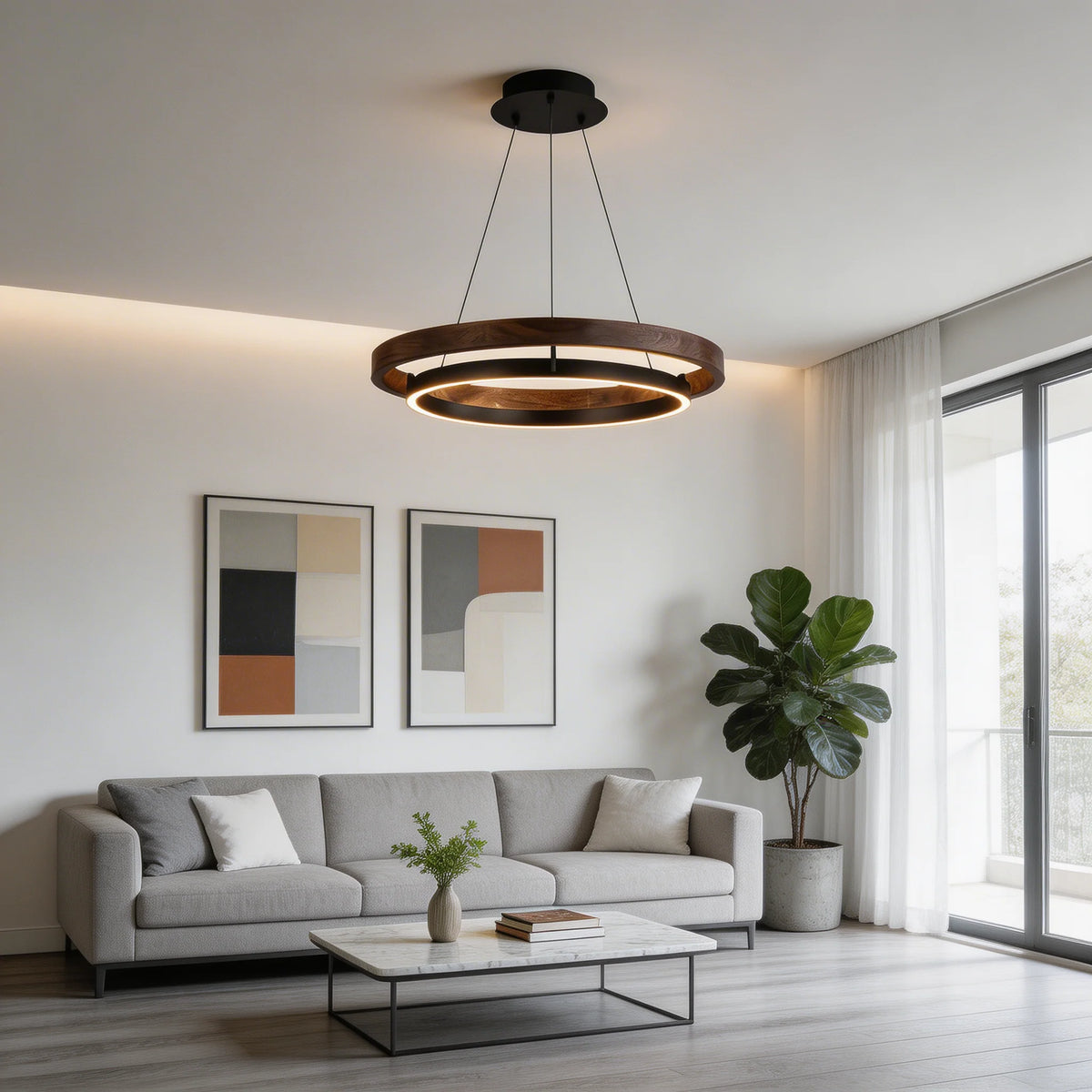 RoyaleGlow Modern LED Ring Pendant Light Black and Wood Hanging Lamp - Royale Basic