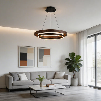 RoyaleGlow Modern LED Ring Pendant Light Black and Wood Hanging Lamp - Royale Basic