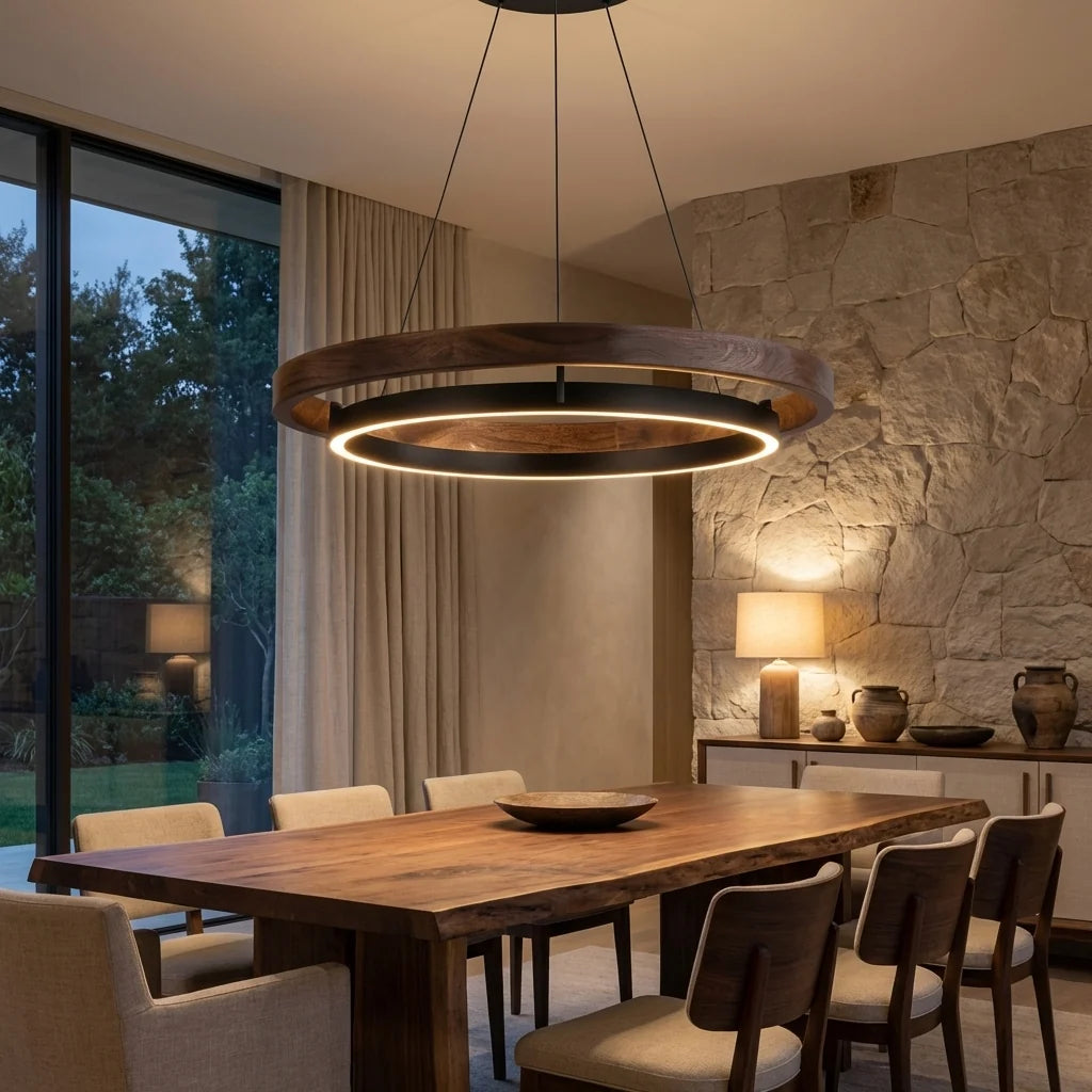 RoyaleGlow Modern LED Ring Pendant Light Black and Wood Hanging Lamp - Royale Basic
