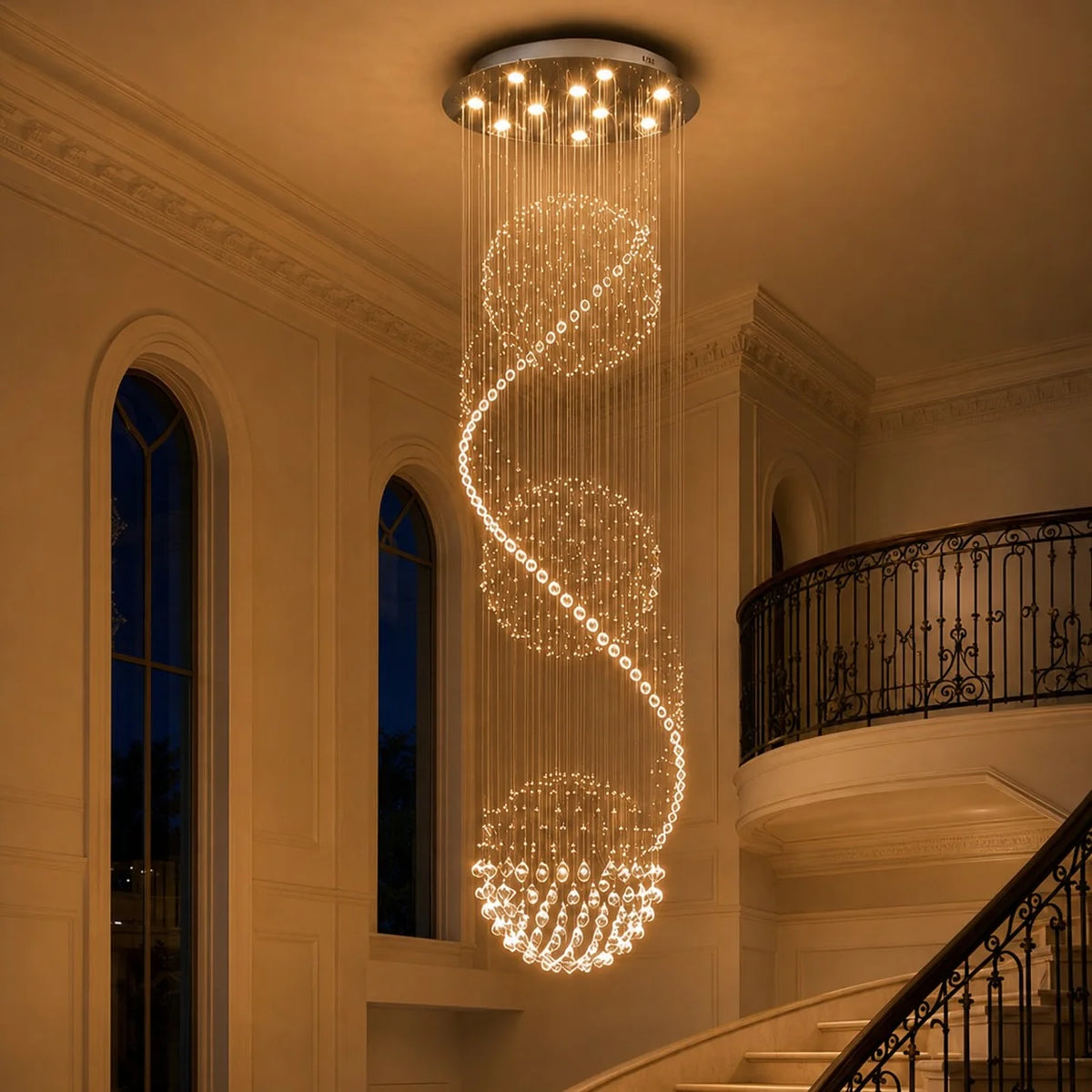 RoyaleGlow Modern Spiral K9 Crystal Chandelier Three Sphere Hanging Light Fixture - Royale Basic