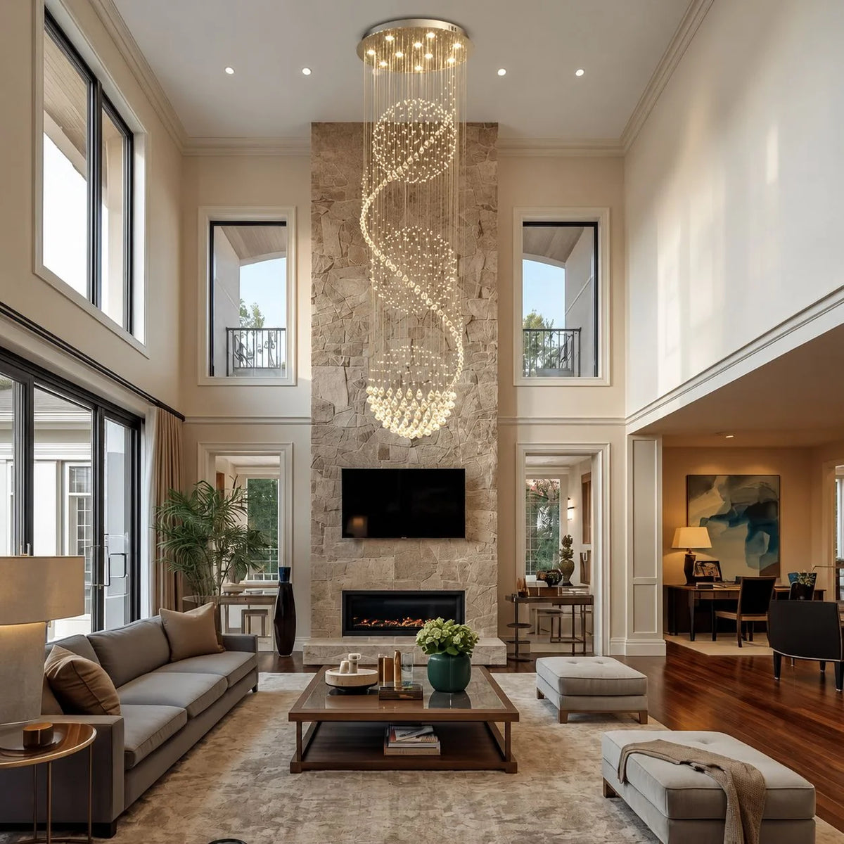 RoyaleGlow Modern Spiral K9 Crystal Chandelier Three Sphere Hanging Light Fixture - Royale Basic