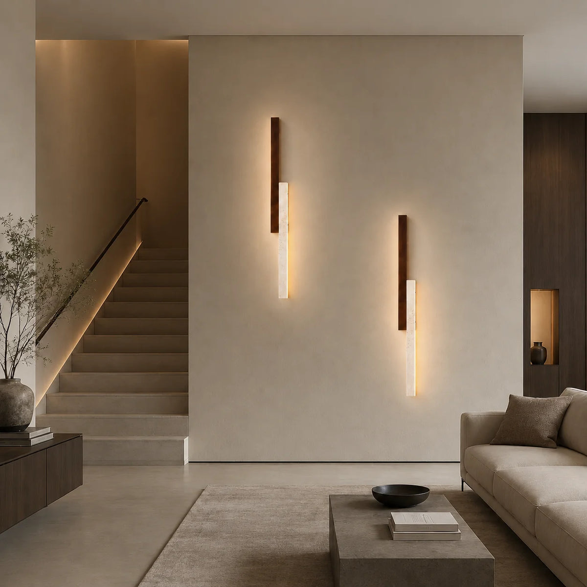 RoyaleGlow Modern Travertine and Wood Wall Sconce Light - Royale Basic