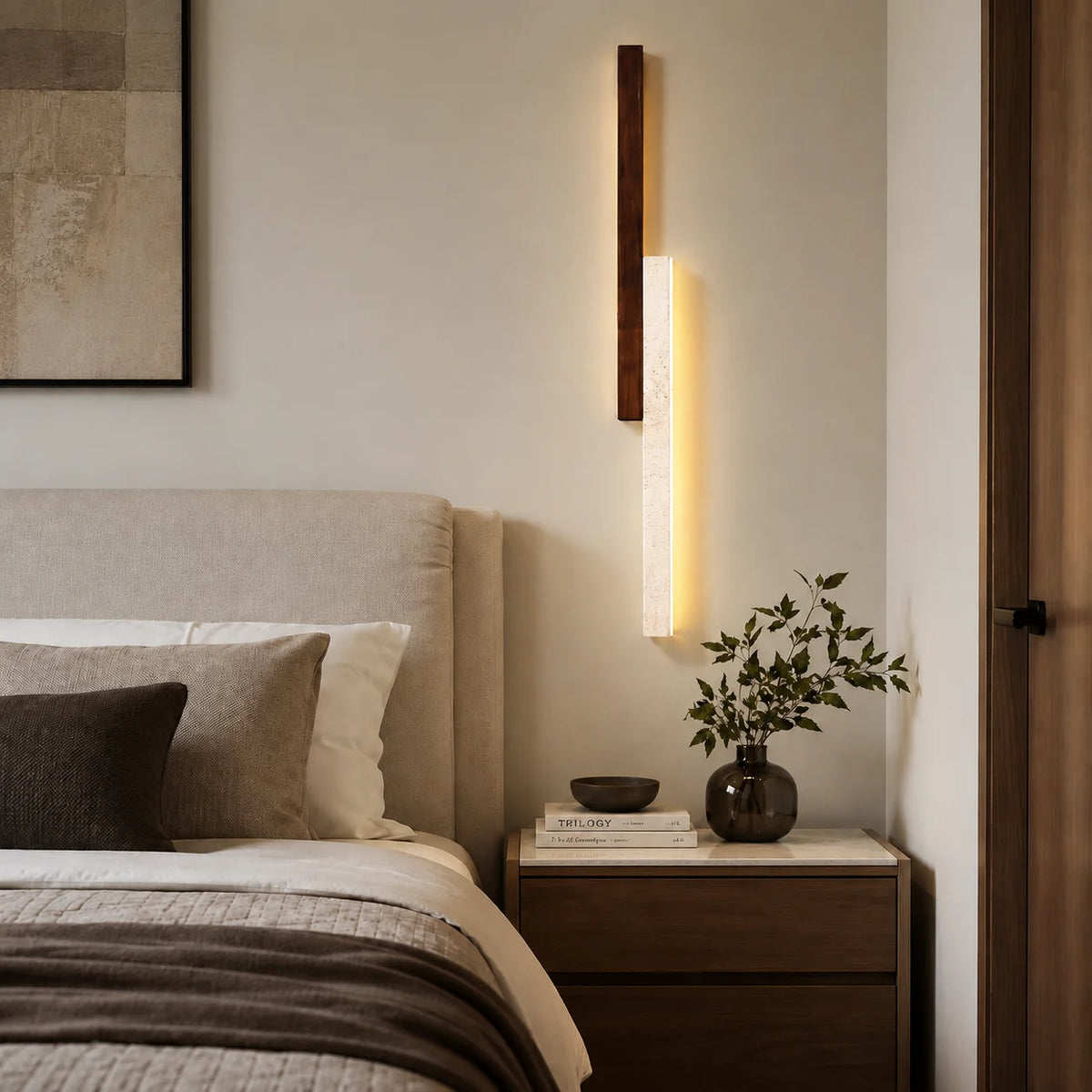 RoyaleGlow Modern Travertine and Wood Wall Sconce Light - Royale Basic