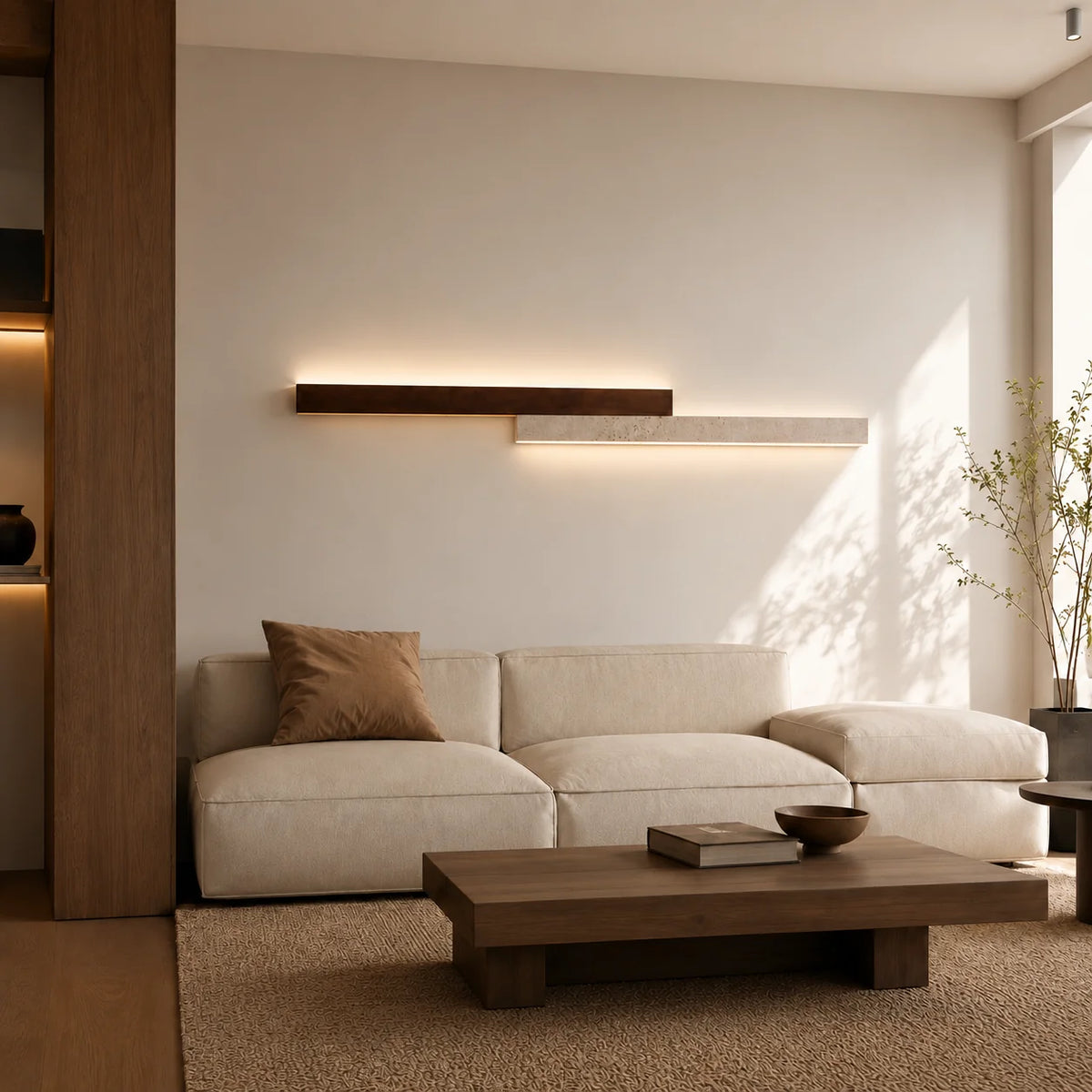 RoyaleGlow Modern Travertine and Wood Wall Sconce Light - Royale Basic