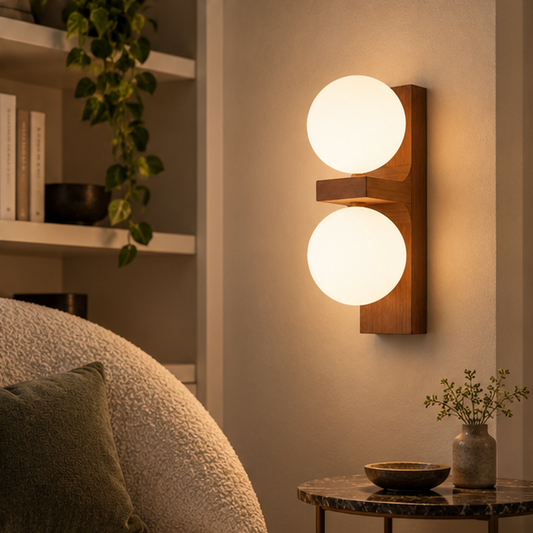 RoyaleGlow Modern Wood Wall Sconce - Dimmable Glass Globe Vanity Light Fixture - Royale Basic