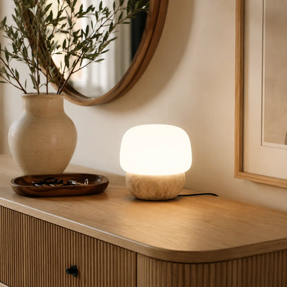 RoyaleGlow Natural Travertine Stone Table Lamp with Glass Shade - Royale Basic