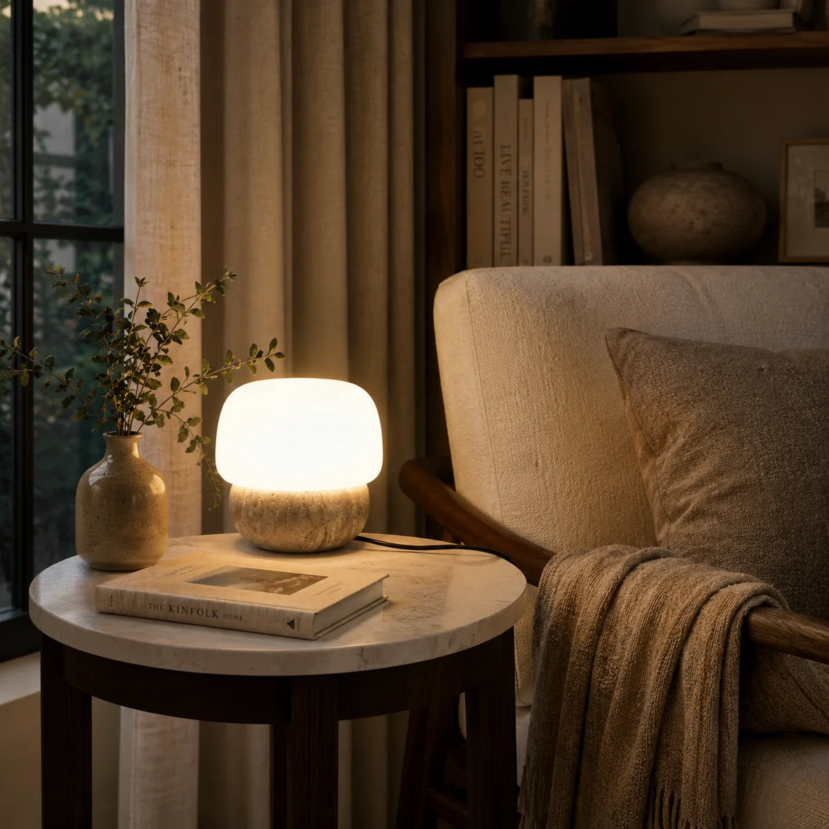 RoyaleGlow Natural Travertine Stone Table Lamp with Glass Shade - Royale Basic