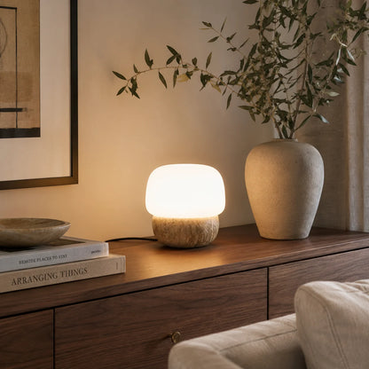 RoyaleGlow Natural Travertine Stone Table Lamp with Glass Shade - Royale Basic